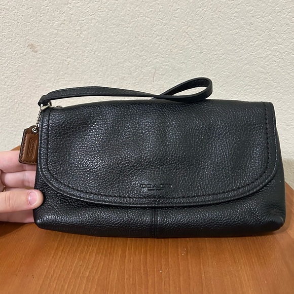 COACH Park Pebbled Black Leather Wristlet Brown Hangtag Travel Handbag Business - Picture 4 of 11